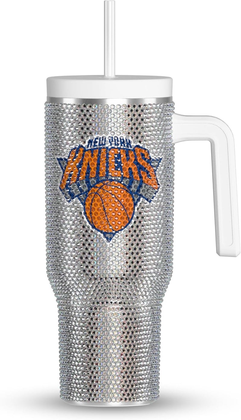 Hydrapeak x NBA Officially Licensed New York Knicks Voyager 40 oz Stainless Steel Bling Tumbler with Handle, Insulated Rhinestone Water Bottle With Straw & Lid, Includes Gift Box - Image 1
